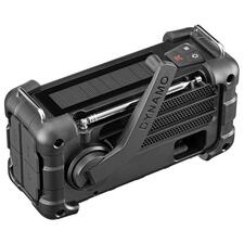 zwart Digitale survivalradio met zonne- en handgenerator in zijaanzicht.