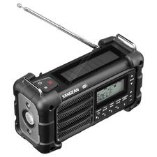 zwart Digitale survivalradio met antenne en LCD-display in een natuurlijke omgeving.