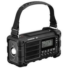 zwart Digitale survivalradio met draagriem en bedieningsknoppen.