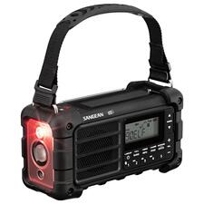 zwart Digitale survivalradio met draagriem en rode LED-lamp.