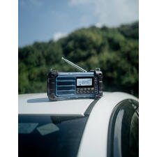 blauw Zwart radio op auto met antenne, achtergrond toont groen landschap.