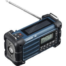 blauw Blackout-radio in blauw, met antenne en bediening.