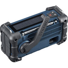 blauw Blackout-radio in blauw, toont de handcrank voor stroomvoorziening.