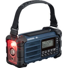 blauw Vooraanzicht van een blauwe Blackout-radio met lamp en luidspreker.