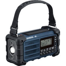 blauw Robuuste, draagbare blackout-radio in blauw met schouderriem.