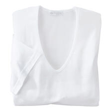 korte mouw, V-shirt, wit Wit Sunspel-shirt ligt gevouwen op een tafel.