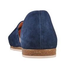 donkerblauw Achteraanzicht van de Apple of Eden kruisband sandalen op een witte achtergrond.