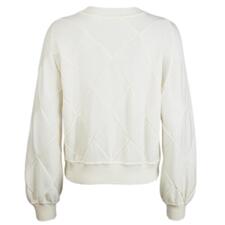 ecru Achteraanzicht van een lichtgele trui met diagonaal breipatroon.