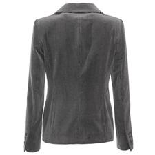 zwart/lichtgrijs Achteraanzicht van een wasbare fluwelen blazer in houndstooth patroon.