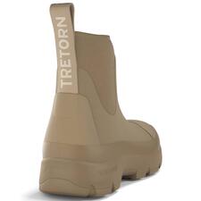 beige Achteraanzicht van een beige Tretorn neopreen Chelsea-boot.