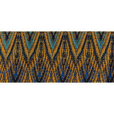 broek Detail van een Jacquard-patroon in blauw- en geeltinten.