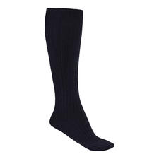 navy Marineblau Merino-compressiekousen voor heren, staand op een witte achtergrond.