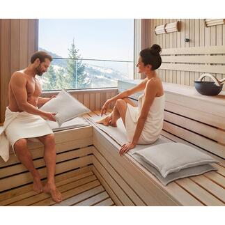 Gepolsterde saunamat De saunasofa: het bankgevoel voor de sauna. Met mat en kussen. Uw saunabezoek wordt nu benijdenswaardig comfortabel.