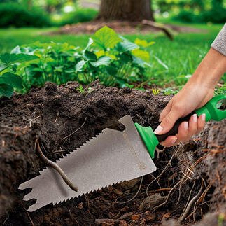 Handschep met zaagtanden Snijdt moeiteloos door wortels en dringt ook gemakkelijk in harde grond.