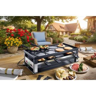 Solis 5-in-1 raclettegrill op een terras, omringd door planten en tafels.