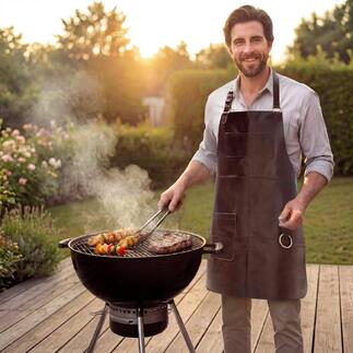 Man grillt met een buffellederen schort in de tuin.