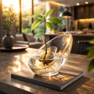 Avocado vaas met plant en wortels in helder water op een tafel.