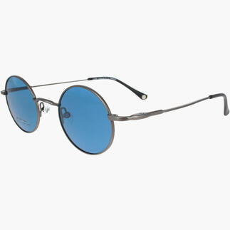 Ronde John Lennon zonnebril met blauwe glazen en een zilverkleurig montuur.