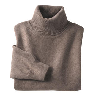 Kameelhaar-roltrui in taupe op een witte achtergrond.
