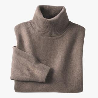 Kameelhaar-roltrui in taupe op een witte achtergrond.