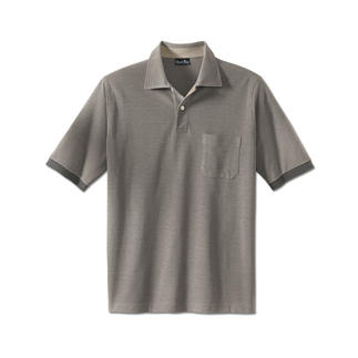 Beige poloshirt met korte mouwen en een borstzak op een lichte achtergrond.