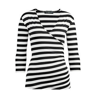 Gestreept wikkelshirt in zwart en wit op een witte achtergrond.