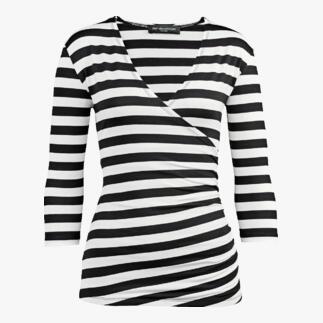 Gestreept wikkelshirt in zwart en wit op een witte achtergrond.