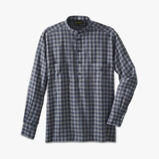 Geruit flanellen overhemd met staande kraag in blauw en groen, iets casual.
