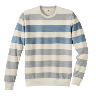 Gestreepte pullover voor heren in blauw, grijs en crème op een lichte achtergrond.