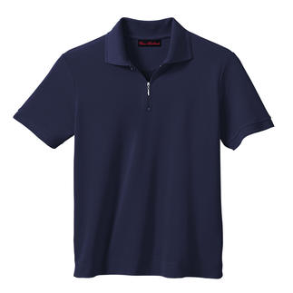 Donkerblauwe poloshirt met ritssluiting op een witte achtergrond.