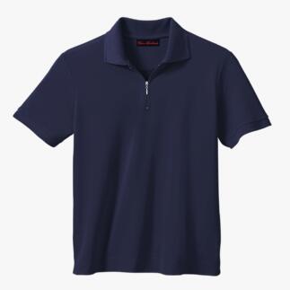 Donkerblauwe poloshirt met ritssluiting op een witte achtergrond.