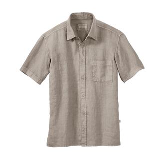 Zandkleurige vintage linnen shirt met korte opgestikte zak.