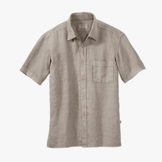Zandkleurige vintage linnen shirt met korte opgestikte zak.