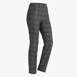 Glencheck broek van wasbare schapenwol, van de zijkant zichtbaar.