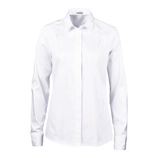 Voorzijde van een witte blouse met kraag en knopen