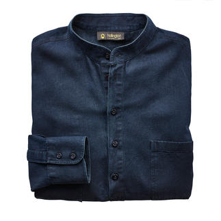 Donkerblauwe Nehru-jeansshirt, gevouwen met een zichtbaar mouw.