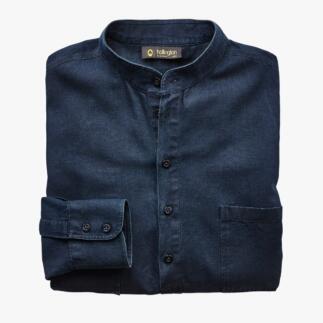 Donkerblauwe Nehru-jeansshirt, gevouwen met een zichtbaar mouw.