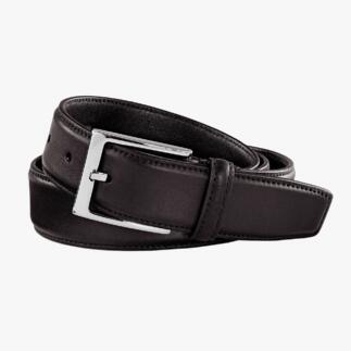 Zwarte Italiaanse kalfsleren riem met zilveren gesp, maat 85 cm.