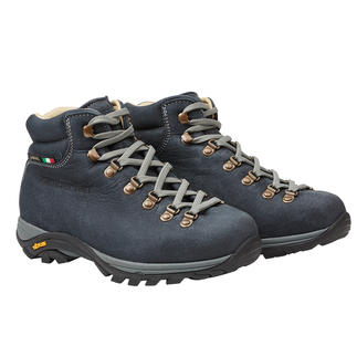 Twee Zamberlan® dames wandelschoenen in donkerblauw staan naast elkaar.