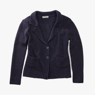 Donkerblauwe gebreide blazer in eenvoudige vorm, vooraanzicht.