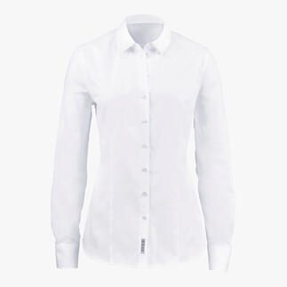 Vooraanzicht van een witte Oxford-blouse met lange mouwen.