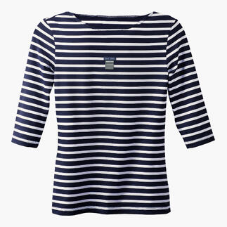 Vooraanzicht van een gestreept shirt in marineblauw en wit met merketiket.