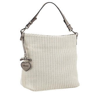 Beige gevlochten shopper van Emily & Noah in een elegante presentatie.