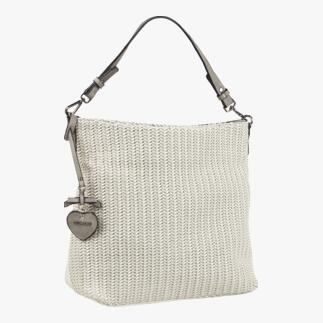Beige gevlochten shopper van Emily & Noah in een elegante presentatie.