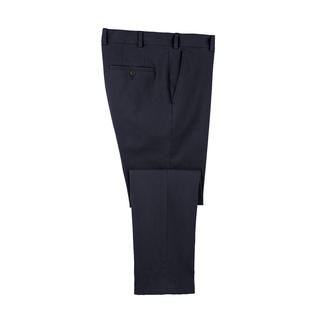 Donkerblauwe winterchino van bovenaf met zichtbare zoom.