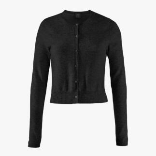 Zwarte korte cardigan op een witte achtergrond.