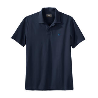 Donkerblauwe poloshirt, vooraanzicht, stoftextuur zichtbaar.