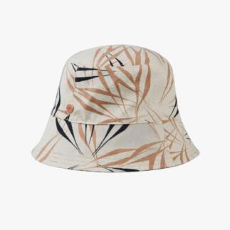 Omkeerbare bucket hat met plantenmotief op een witte achtergrond.