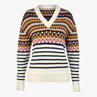 Voorkant van de dames jacquardtrui in marineblauw, offwhite, oranje en rood.