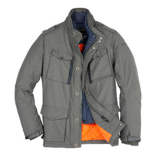 Geopende nylon canvas field jacket met rits en meerdere zakken.